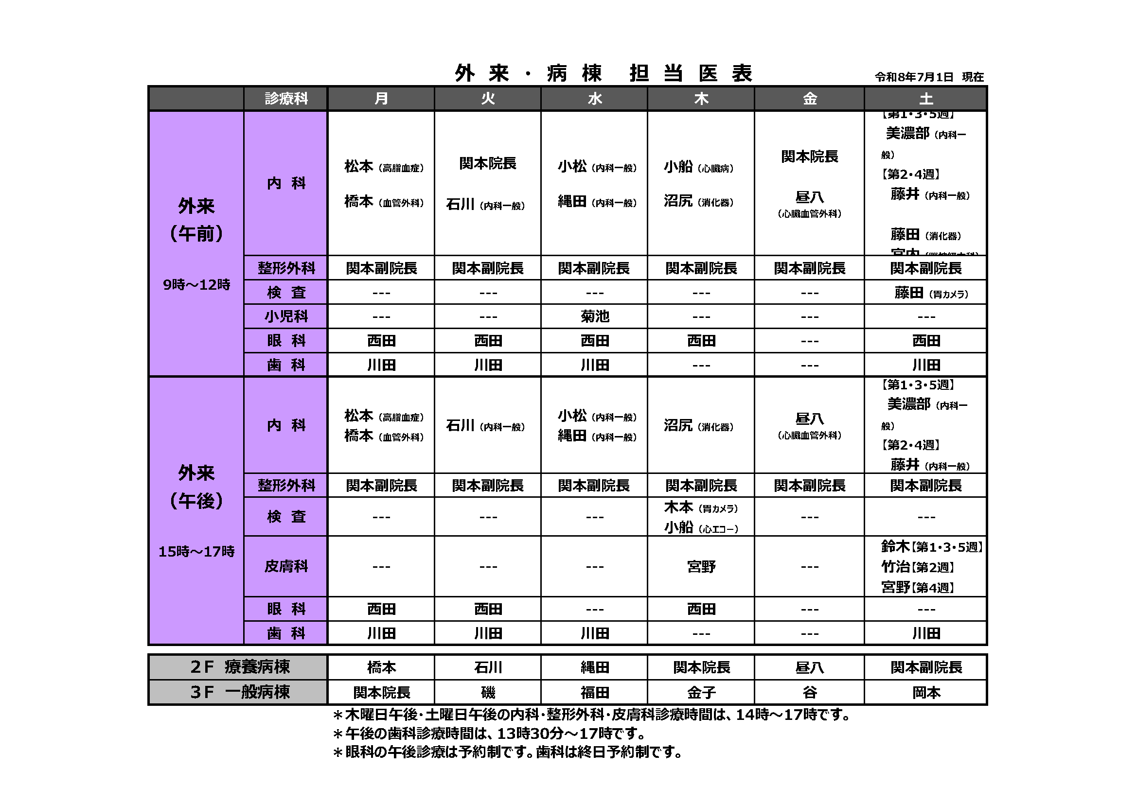 2026年07月 外来・病棟担当医表
