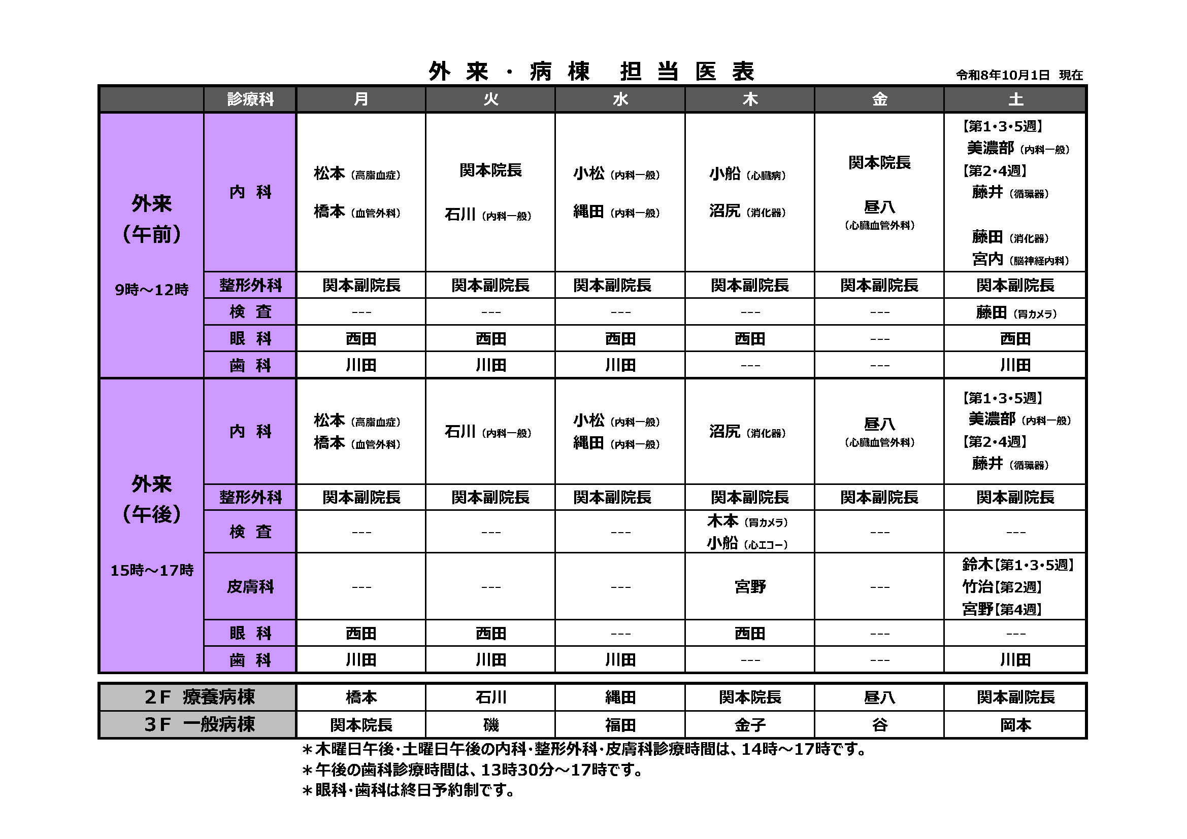 2026年10月 外来・病棟担当医表
